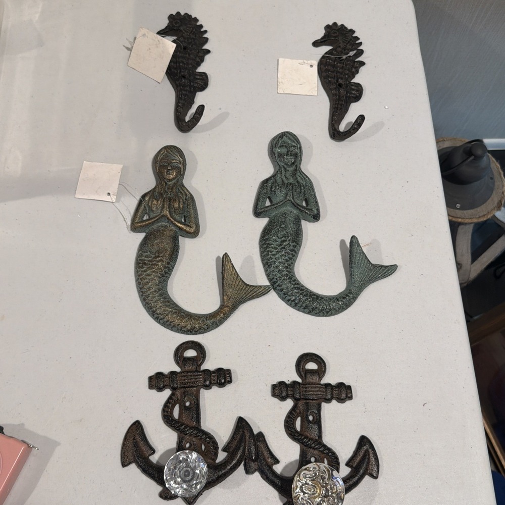 Set Of 6 Nautical Cast Iron Wall Hooks Mermaid Seahorse‎ Anchor New